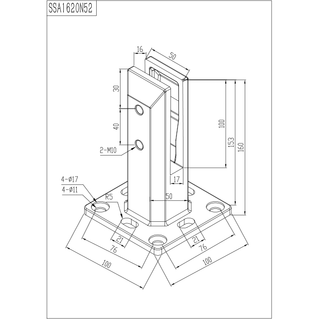 160 mm Adjustable Suqare Base Plated Spigot for 12 mm Glass