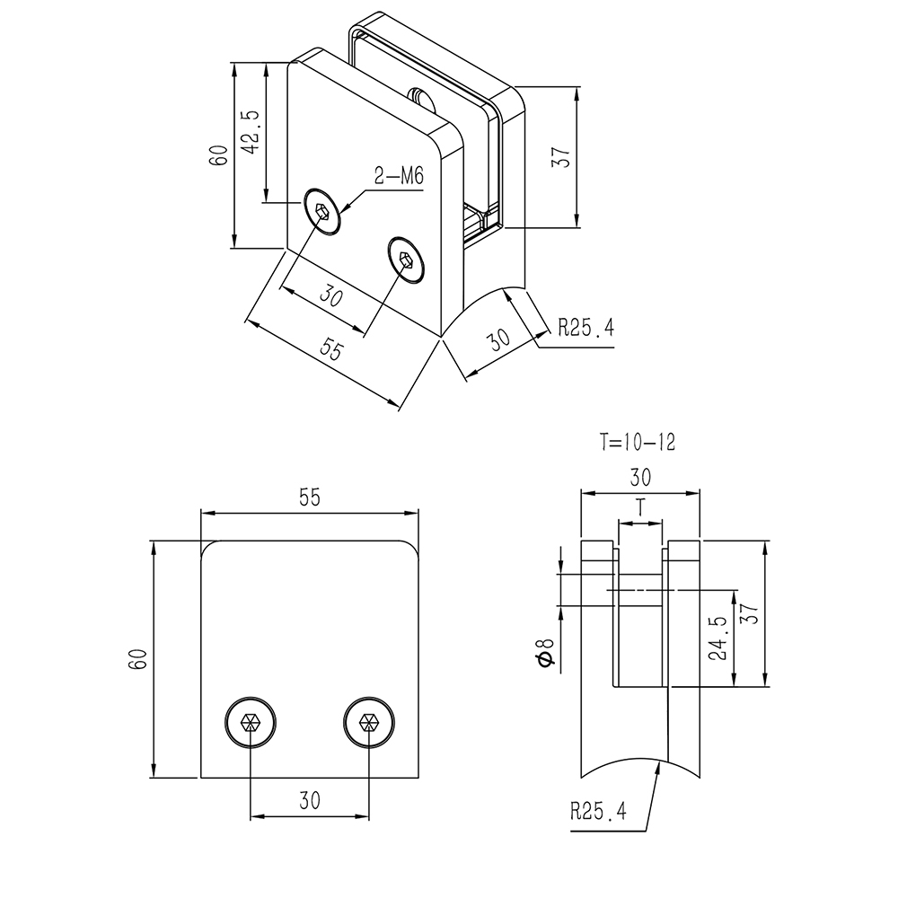 Glass to Diameter 50.8 Round Post Clamp