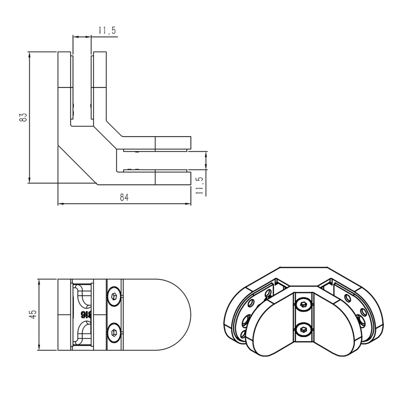 Heavy Duty Glass to Glass 90° Corner Clamp